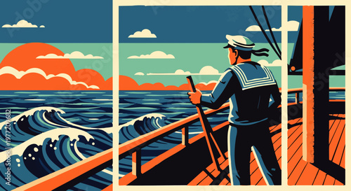 A solitary sailor gazes at the vast ocean from the deck of a ship under a vibrant, cloud-filled sky