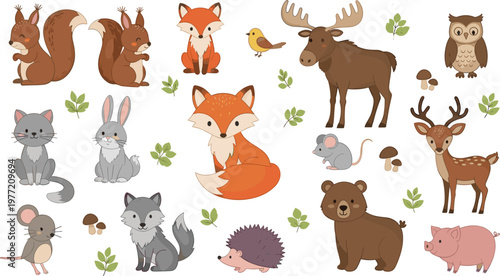 Cute Forest Animal Vector Illustration Set Featuring Fox Moose Deer Bear and Squirrel with Woodland Leaves and Mushrooms for Children Graphic Design Projects
