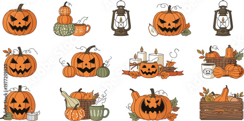Cozy Autumn Halloween Stickers Featuring Jack-O-Lanterns, Lanterns, and Pumpkin Decor
