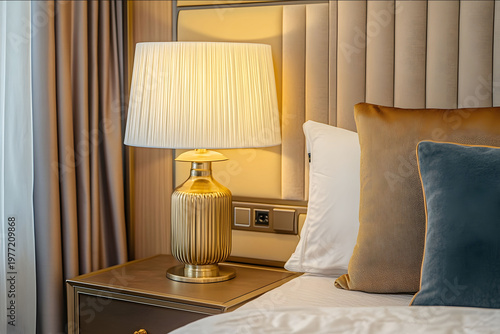 Photo of Lampshade on bedside table near beige bed Art deco style interior design of modern bedroom