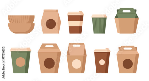 A collection of various eco-friendly food packaging mockups arranged in two rows on a clean white background.