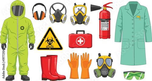 Hazmat Suit and Safety Gear Set with Biohazard Warning, Fire Extinguisher, Medical Kit, and Protective Equipment