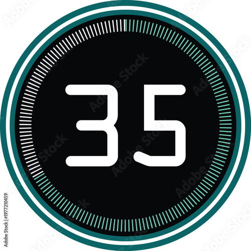 Countdown timer with number 35 digital clock face with seconds modern circular interface for apps and games isolated on black