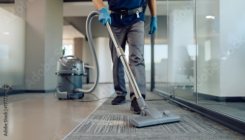 A professional cleaner performing a thorough vacuuming process, emphasizing the cleaning concept and ensuring hygiene and sanitation in a modern office space, demonstrating effective housekeeping