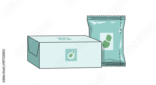 A food packaging mockup featuring a box and standing pouch with green and white labels on a clean white background.