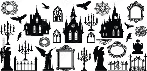 Gothic Architecture and Cemetery Elements with Angels, Crows, and Ornate Frames