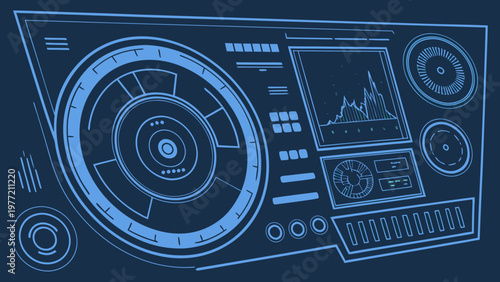 Futuristic interface dashboard with circular hud elements charts and data visualization representing technology analytics and digital control
