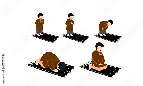 Muslim boy demonstrating daily prayer movements on a prayer mat, child salah sequence isolated on a light background in educational flat vector style