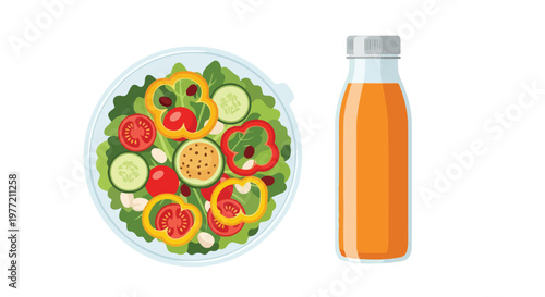 A food packaging mockup featuring a plate of salad and a bottle of juice on a clean white background, showcasing a healthy meal option with a minimalist flat lay composition.