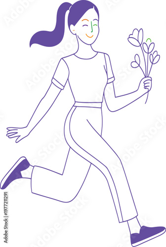 Woman running with bouquet of flowers smiling and winking happily  carefree joyful person