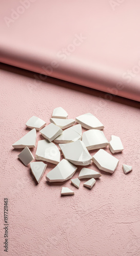 Broken White Plates on Pink Fabric.