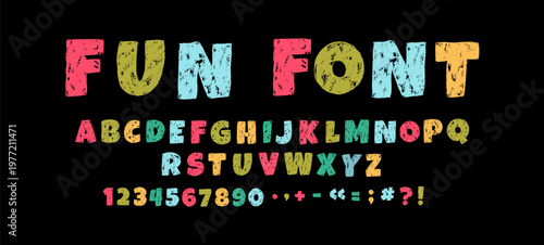 Kids crayon alphabet with letters, numbers, and punctuation. Cute childish handwritten font with sketch texture and fun lettering. Perfect for children design, education materials.