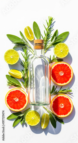 Clear Bottle with Grapefruit and Lemons.