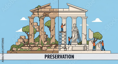 Restoration and preservation concept with ancient greek temple and workers on scaffolding repairing damaged and intact sides