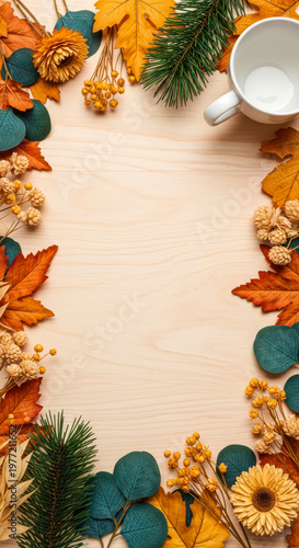 Autumn leaves and flowers with coffee cup.