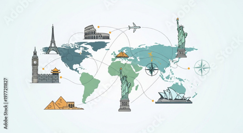 World map with famous landmarks and travel icons on a globe with lines connecting destinations around the world for adventure and exploration
