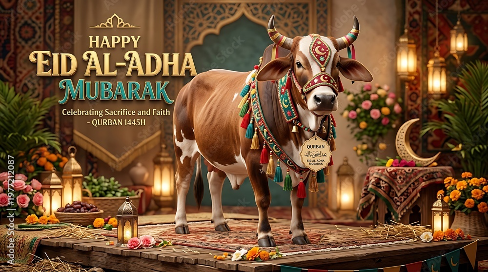 Naklejka premium Decorated ox in festive scene celebrating a religious holiday with lanterns