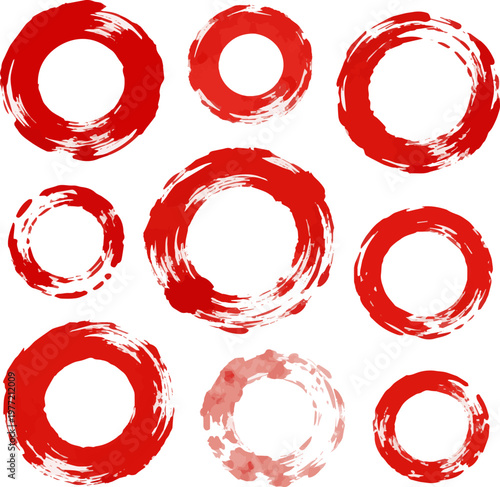 Create a realistic Red Hand Drawn Circle Highlights and Grunge Stamp Set. Hand-drawn Japanese circles. Set of red hand-drawn round and rough brush rings. Ideal for highlighting text, stamps, stickers.