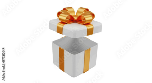 Vector illustration of open white gift box with a shiny gold ribbon bow on a transparent background