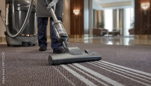 Professional housekeeping and janitorial services ensuring hotel carpet cleaning concept, hygiene, and sanitation for a pristine environment