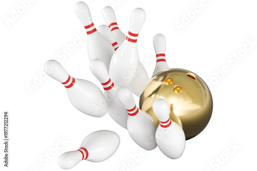 3D Bowling Ball Hitting Pin, Transparent Background