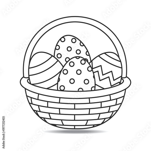 Easter Basket with Decorated Eggs Coloring Page, Black and White Outline Vector Illustration, Kids Printable Activity Sheet, Spring Holiday Coloring Book Design