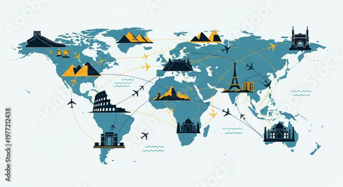 World map with travel destinations and landmarks global tourism concept with iconic buildings and planes