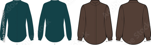 Mandarin collar long sleeve shirt vector set, curved hem casual top with cuff detail, front and back views – vector illustration