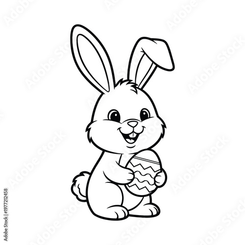 Cute Easter Bunny Holding Egg Coloring Page, Black and White Outline Rabbit Vector Illustration, Kids Printable Activity Sheet, Simple Cartoon Character for Coloring Book Design, ai generated
