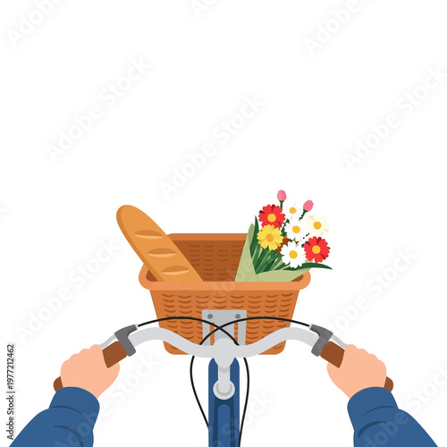 Bicycle basket with bread and flowers, first-person view, summer ride