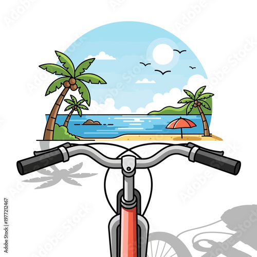 Bicycle handlebars facing tropical beach paradise with palm trees and ocean