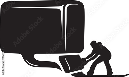 Black silhouette of a man on skis pushing a large speech bubble, monochrome vector illustration