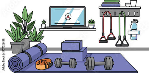 Home Gym Setup with Yoga Mat, Dumbbells, Resistance Bands, Plants, and Fitness Equipment for Online Workout Sessions