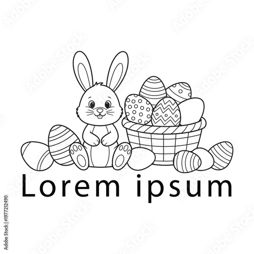Cute Easter Bunny with Decorated Eggs Coloring Page, Black and White Outline Vector Illustration, Kids Activity Sheet, Printable Holiday Coloring Book Design, ai generated