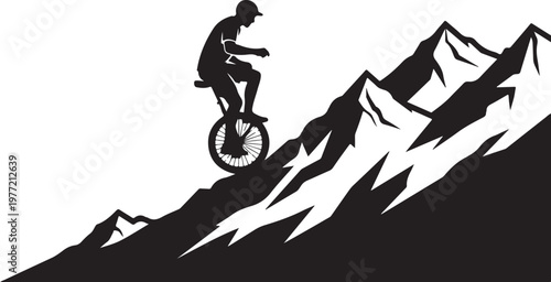 Mountain biker silhouette, black mountain bike icon, cycling adventure symbol, outdoor sports vector