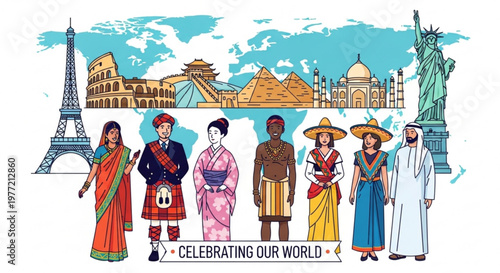 Diverse people in traditional clothing from around the world celebrating cultural unity and global diversity with iconic landmarks