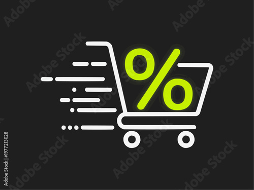 Fast Speeding Shopping Cart with Neon Yellow Percent Sign Flat Vector
