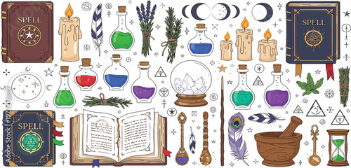 Mystical Spellbook and Potion Set with Candles, Crystals, and Witchcraft Symbols