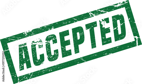 A green textured rubber stamp impression featuring the word accepted tilted at a slight angle.