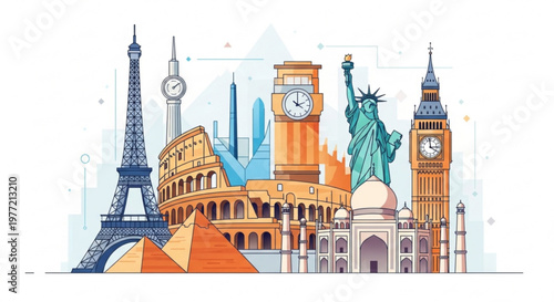 Famous landmarks and monuments around the world in a colorful illustration showcasing travel and tourism