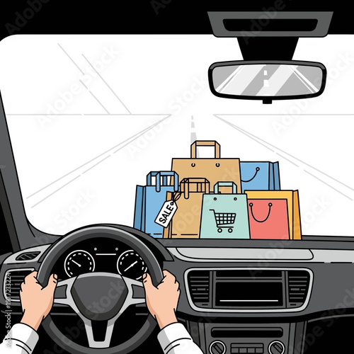 Car Interior View, Hands on Steering Wheel, Shopping Bags in Passenger Seat