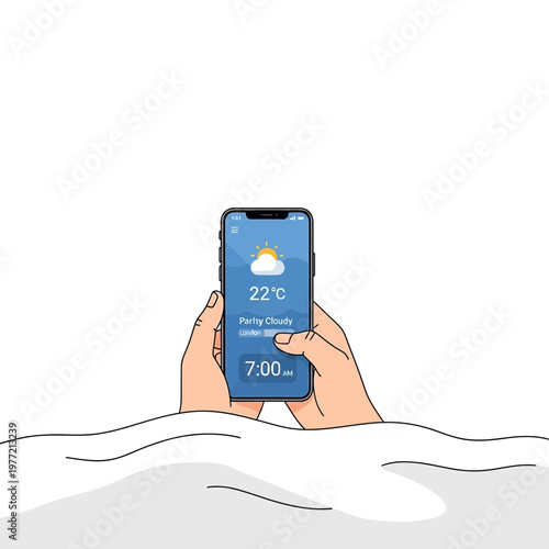 Checking weather forecast on smartphone in bed with white blanket, morning routine