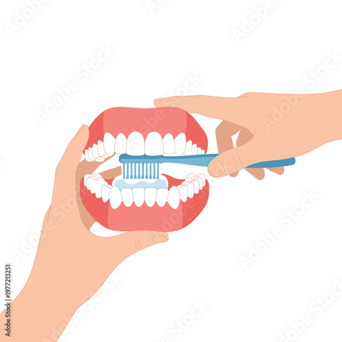 Close-up of hands brushing teeth with toothpaste on a toothbrush, dental hygiene concept