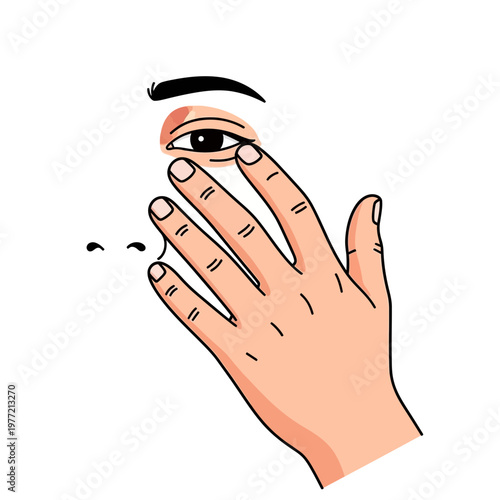 Close-up of a hand gently touching the skin around the eye, illustration