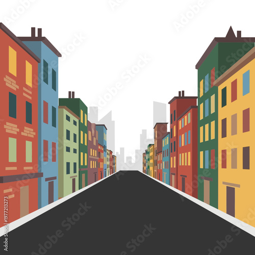 Colorful apartment buildings lining a street with a perspective view of a city skyline