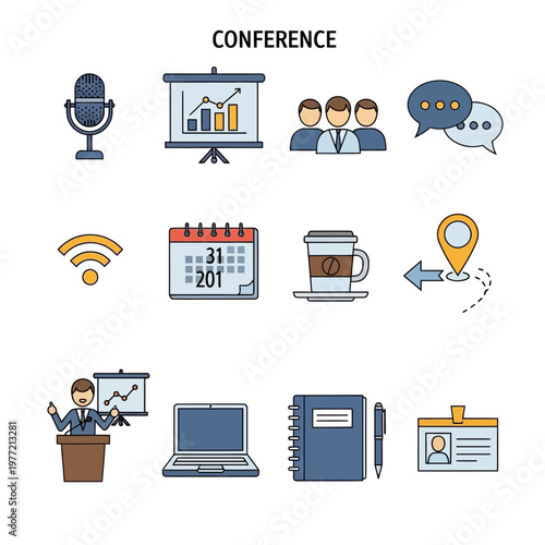 Conference Icons Set: Meeting, Presentation, Communication, Business and Travel Elements