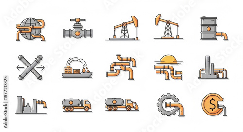 Oil Industry Icons - Production, Transportation, and Financial Aspects.