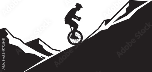 Black silhouette mountain biker, downhill cyclist, extreme sports icon, monochrome vector graphic