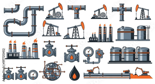 Oil and Gas Industry Elements - Pumps, Pipes, Tanks, and Valves.