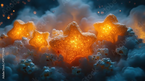 Glowing star snacks in popcorn, dark fantasy, movie night